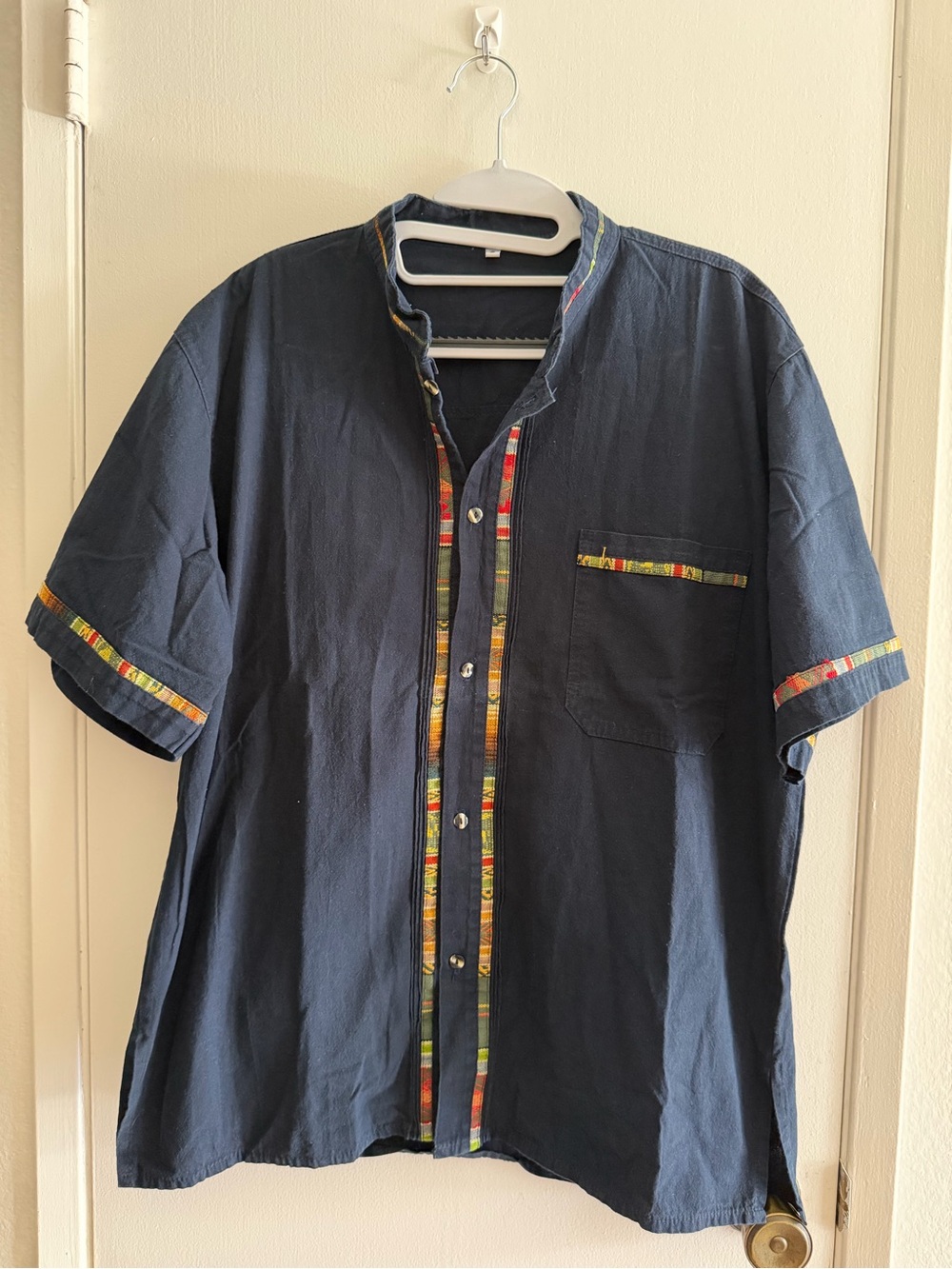Men's Navy Short-Sleeve Button-Up Shirt with Color-Trim Details
